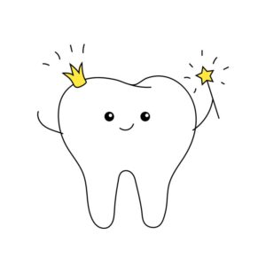 Cute drawing of a smiling tooth holding a wand